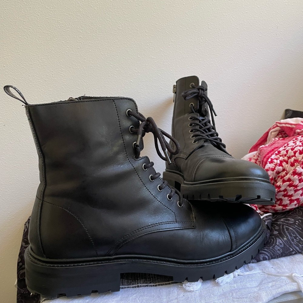 AllSaints Men's Piero Combat Ankle Boots in Black Leather Size 45 / US 12